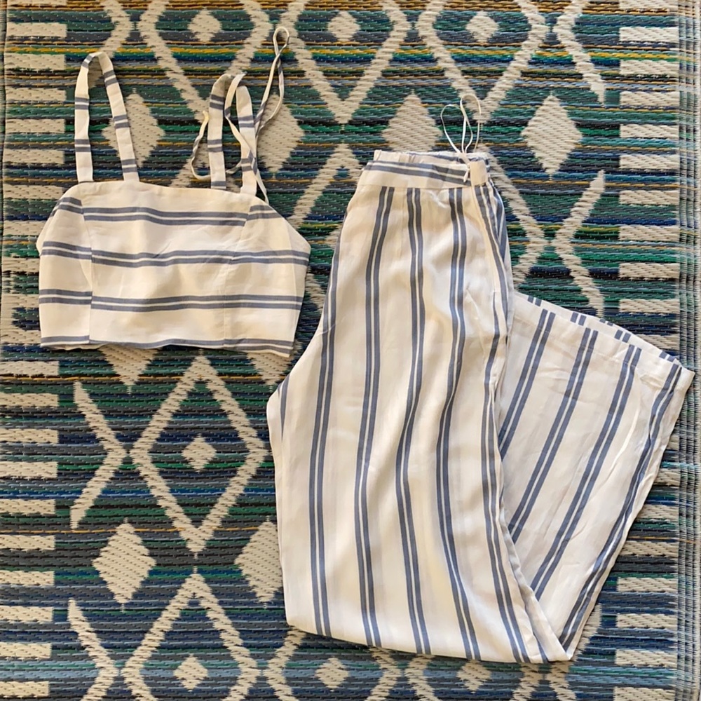 White striped linen pant set